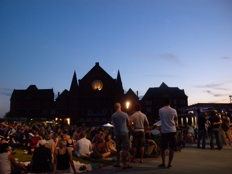 Over the Rhine (the band) played an outdoor show in Washington Park (in Over the Rhine, the neighborhood from which the band took their name). The band is crammed into a small stage on the right while Music Hall looms over it all. flickr-ginsnob-7628880544.jpg