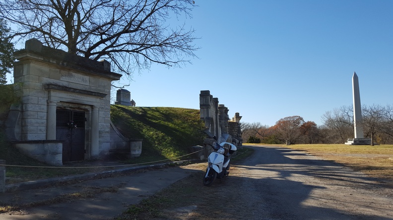 The only reason I ended up in the cemetery was that I became enveloped in small crowd of Harley riders. They seemed nice enough, but kept swerving all over and almost falling over at stop signs so I eventually decided to get the heck out of there. Thought I was in a normal cemetery until I saw some weird buildings tucked into the crest of a hill a ways off. 2015-11-14 10.40.49.jpg