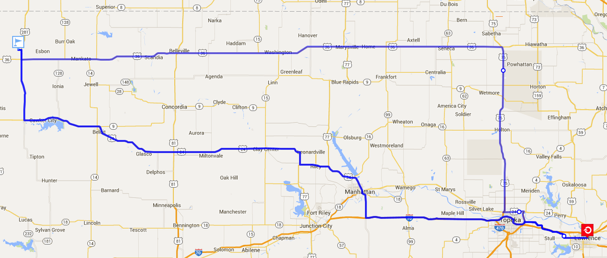 Route from Lawrence to Geographical Center of US