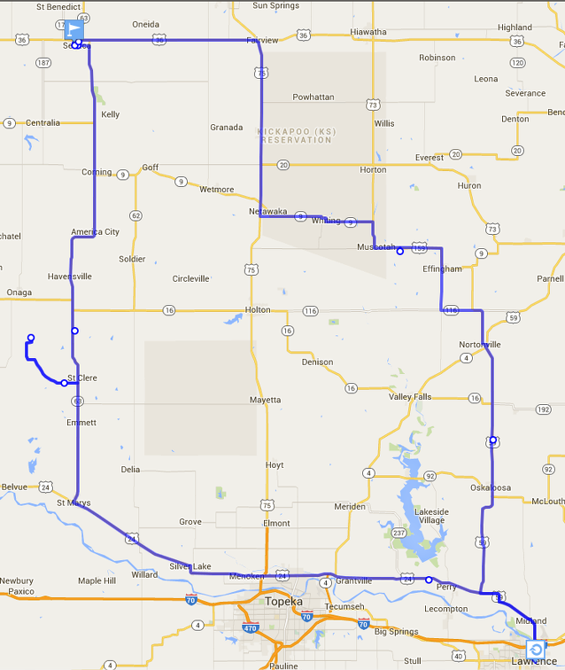 Route from Lawrence to Seneca and back (CCW)