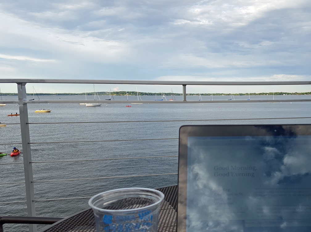 Beer, laptop, view.