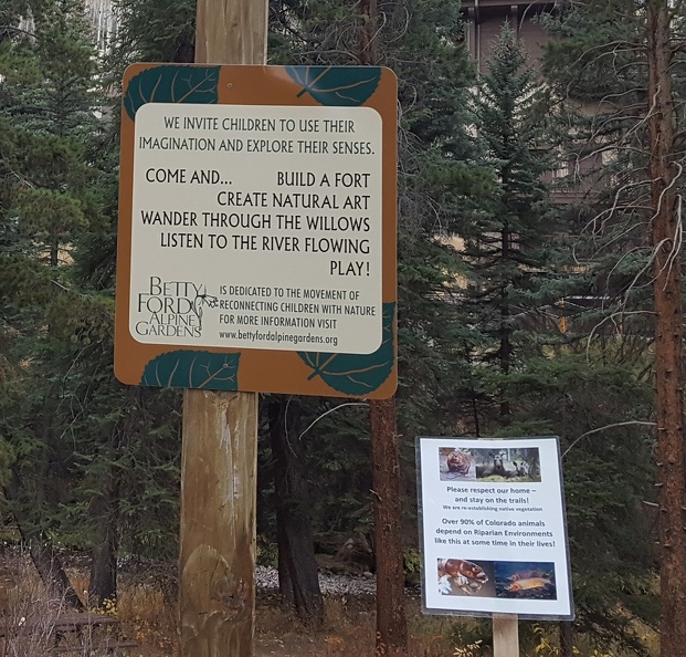 I wandered about the Betty Ford Alpine Gardens for a bit. They were nice but a bit underwhelming. My favorite was this set of signs encouraging children to wreck the area but not cause any damage. 2016-10-15 07.55.53 crop.jpg