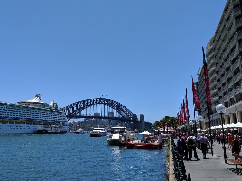 A view of Harbor Bridge, which we walked across earlier. This area is swarmed in tourists, many carrying suitcases and boarding or departing whatever giant cruise ship is parked there for the day. 2018-12-08 13.03.48 crop.jpg