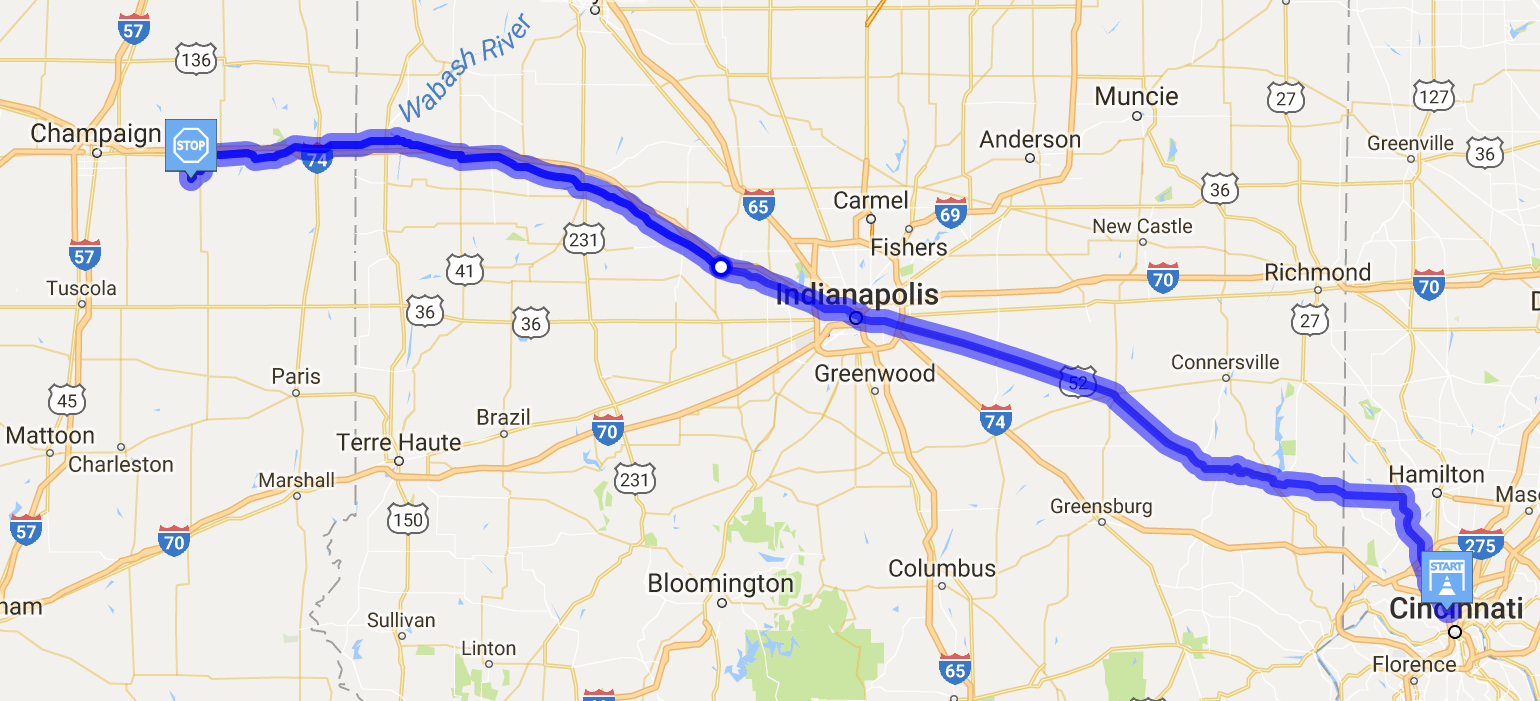 Map showing route from Cincinnti to Illinois